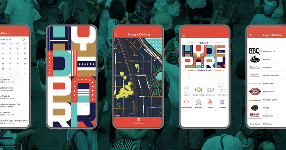 app developers A row of four mobile phone screens display various interfaces of a lifestyle app, including a calendar, a map, and a list of eating and drinking options, set against a background of an outdoor crowd. tiny screen labs