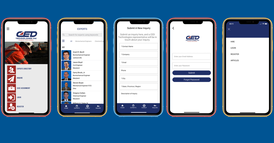 app developers Five smartphones display various interfaces of an app, including a login screen, a list of experts, an inquiry submission form, and a menu with options to log in, register, view articles, and manage projects. tiny screen labs