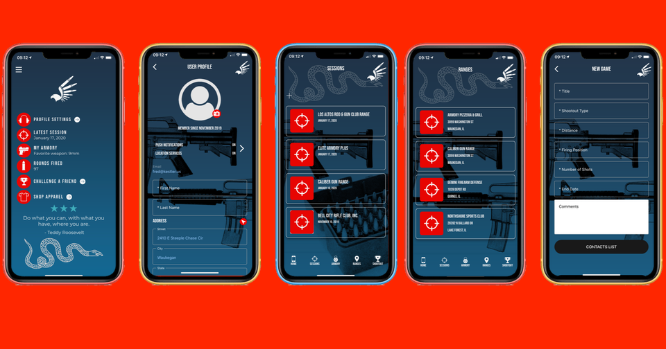 app developers Five smartphones displaying a firearms management app interface with various screens, including profile settings, firearm listings, components details, and new item entry against a red background. This essential tool for firearm projects ensures all important details are at your fingertips. tiny screen labs