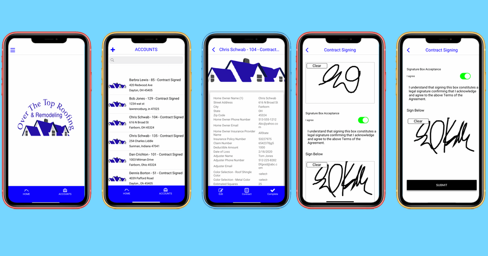 app developers A series of five smartphone screens displaying a roofing and remodeling company's app interface with options for accounts, contact details, project management, and contract signing with signature input fields. tiny screen labs