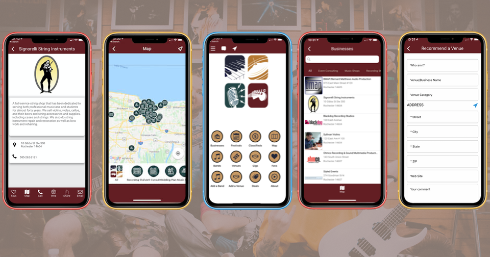 app developers Screenshot of a mobile app displaying five main features: venue details, map with markers, music events, business listings, and a form to recommend a venue. Each feature is shown on a different phone screen, making it easy to manage your projects and find the perfect spot. tiny screen labs