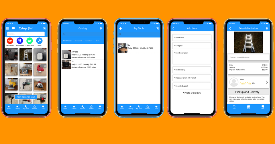 app developers Four smartphones displaying different screens of an app on an orange background. Screens show item catalog, my tools list, add item form, and an extendable ladder listing with rental details—perfect for managing your projects efficiently. tiny screen labs