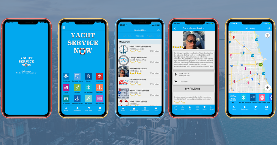 app developers Image of five smartphone screens displaying an app called "Yacht Service Now," showcasing features such as a service directory, business listings, mechanic details, reviews, and a map with service locations for yacht-related projects. tiny screen labs