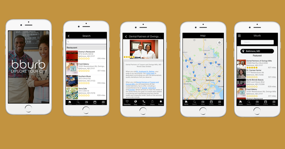 app developers Image showing five smartphones displaying the "bburb" city exploration app. Screens reveal various functions: welcome screen, search, projects, business listing, map, and about section with city name 'Baltimore, MD'. tiny screen labs