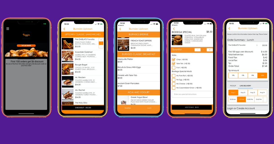 app developers Four smartphones project various screens of a food ordering app against a purple background. The screens display menu items, a special offer, order customization options, and an order summary. tiny screen labs