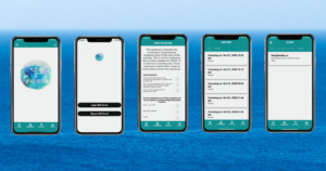 app developers Five smartphones displaying various screens of a mobile app, including a login screen, daily COVID screening questions, tracking history, and a staff list, all against a blue ocean background. tiny screen labs