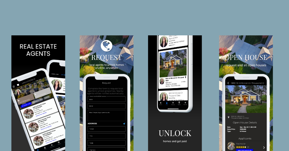 app developers Screenshots of a real estate mobile app highlight features such as finding real estate agents, requesting to unlock homes, viewing open houses, and getting paid for unlocking homes—a prime example of innovative mobile app development in the property industry. tiny screen labs