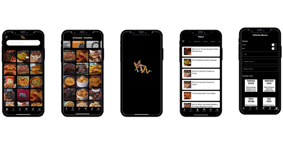 app developers A series of five smartphone screens display different pages of a food app, including images of dishes, recipes, a fitness section, and a video list. tiny screen labs