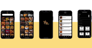 app developers Five smartphone screens display a food-themed app, showcasing various recipe categories, meal images, project ideas, a logo, video tutorials, and a menu interface. tiny screen labs