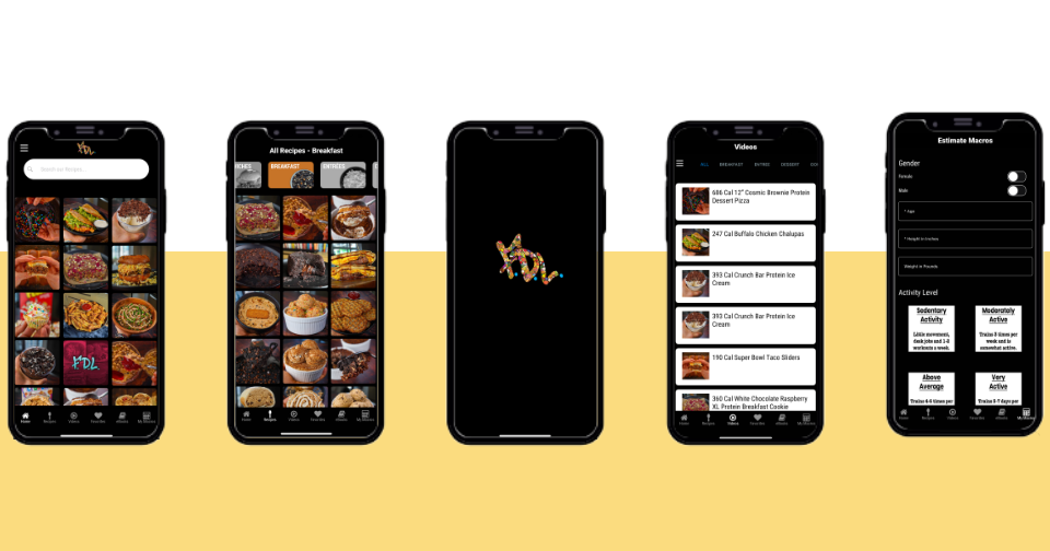 app developers Five smartphone screens display a food-themed app, showcasing various recipe categories, meal images, project ideas, a logo, video tutorials, and a menu interface. tiny screen labs