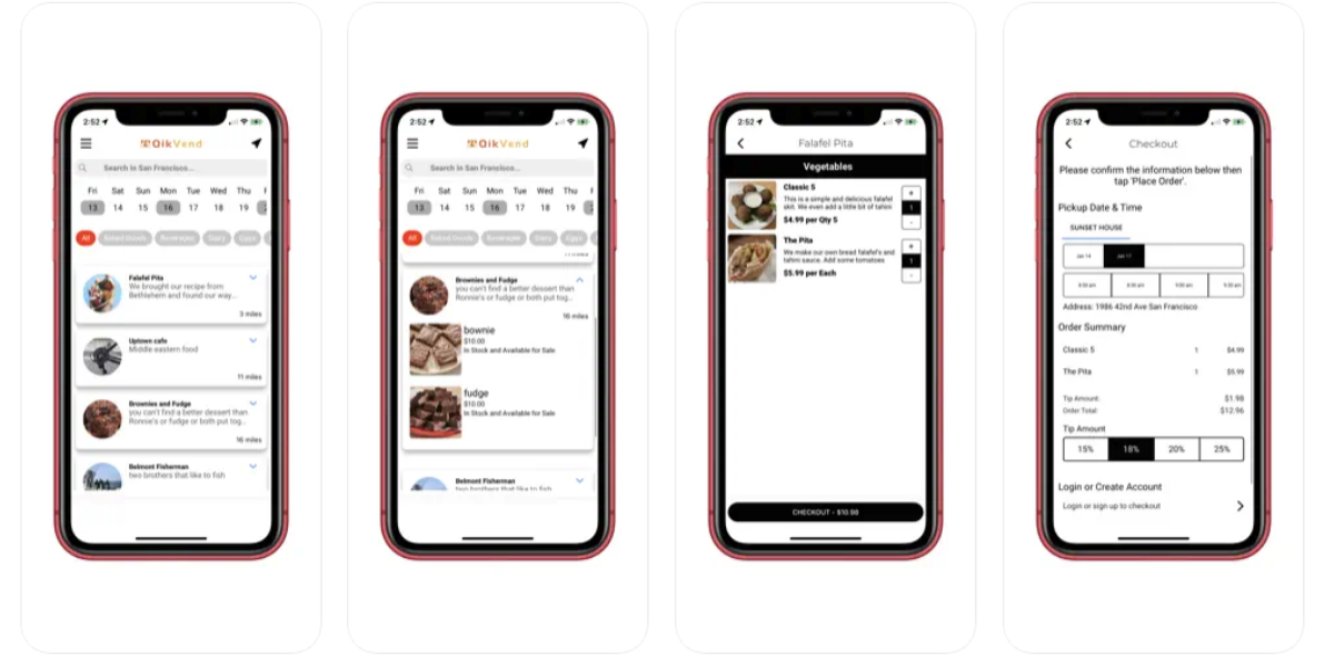 app developers four smartphone screens display a food delivery app showing menu items, customization options, and checkout details. the app interface is user friendly with clear images and text for easy navigation. tiny screen labs