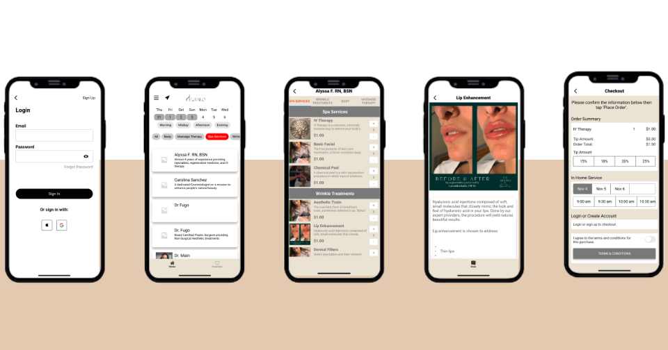 app developers five smartphone screens showing a beauty and wellness app with login, appointment booking, treatment details, and checkout pages. tiny screen labs