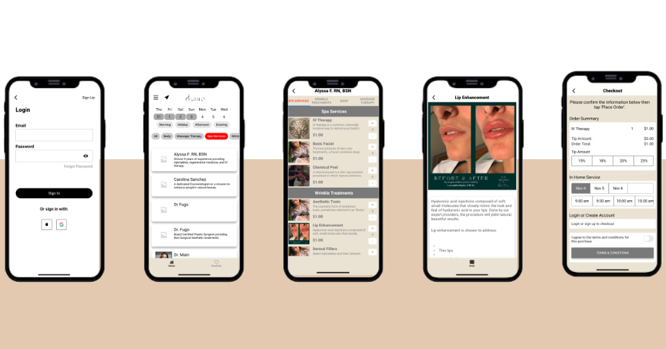 app developers five smartphones display different screens of a beauty or medical aesthetics appointment booking and information app, including login, menu, services, treatment details, and checkout. tiny screen labs