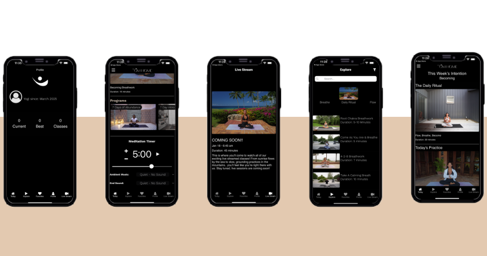 app developers five smartphones display different screens of a wellness or meditation app, showing user profiles, meditation timers, livestreams, and program exploration menus. tiny screen labs